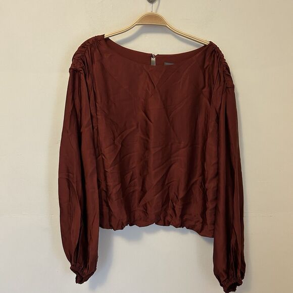 Anthropologie Ruched Peasant‎ Blouse Rust Red M Silky Work Office Professional - Picture 1 of 9